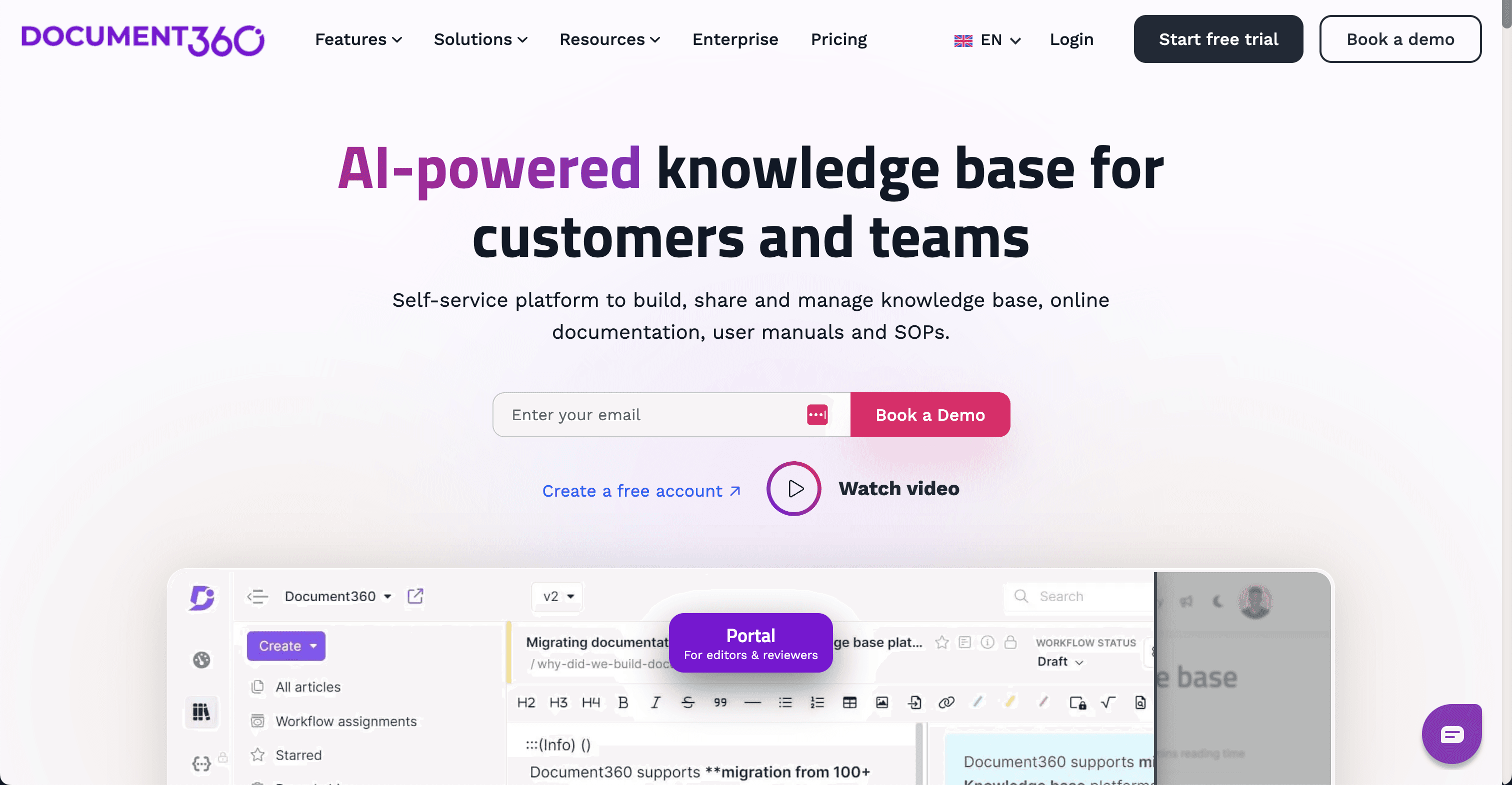 A screenshot of Document360’s homepage from August 2024.