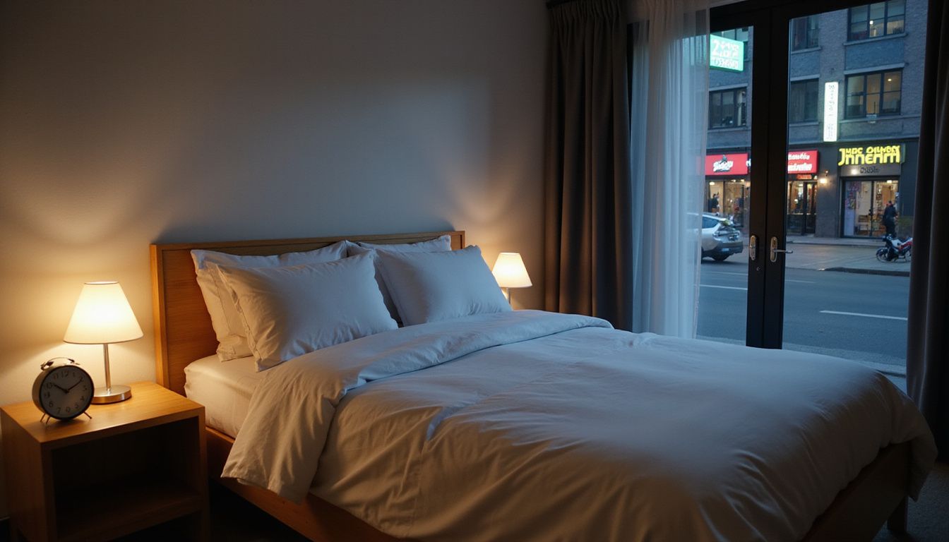 A stylish vacation rental bedroom exudes comfort amid urban nighttime noise.