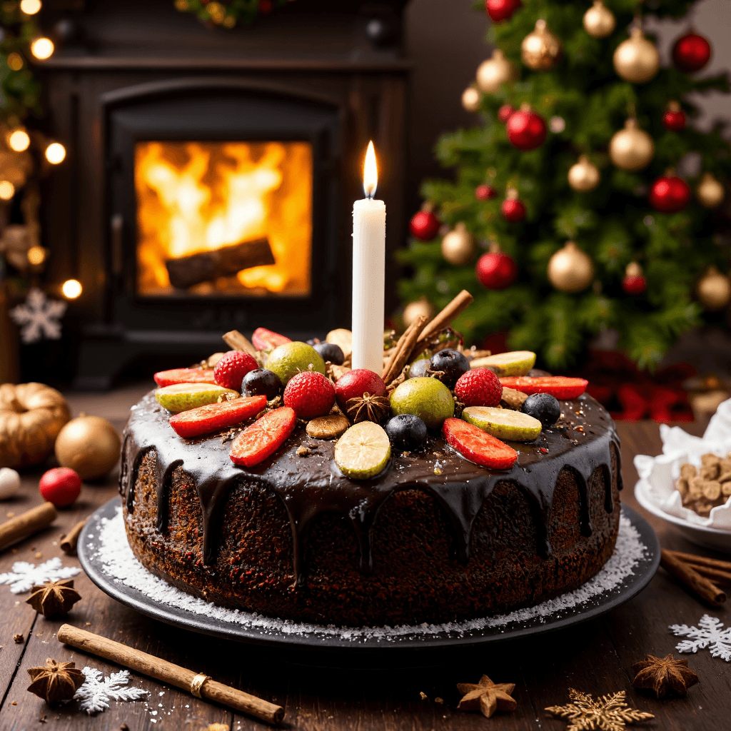 product photography of a decorated Christmas cake with a candle and festive ornaments