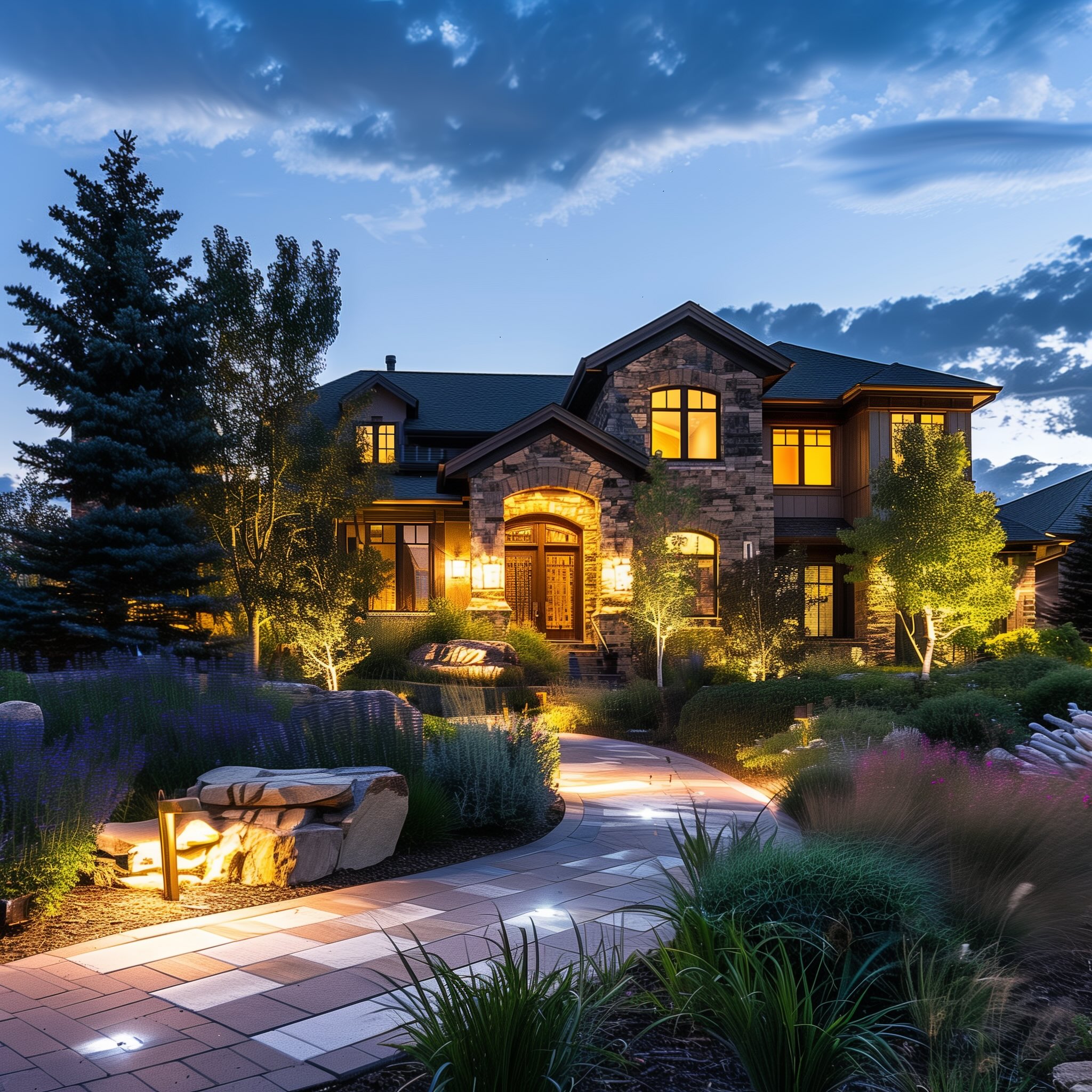 luxury home with an impressive front yard and landscaping, illuminated by beautiful outdoor lighting at night