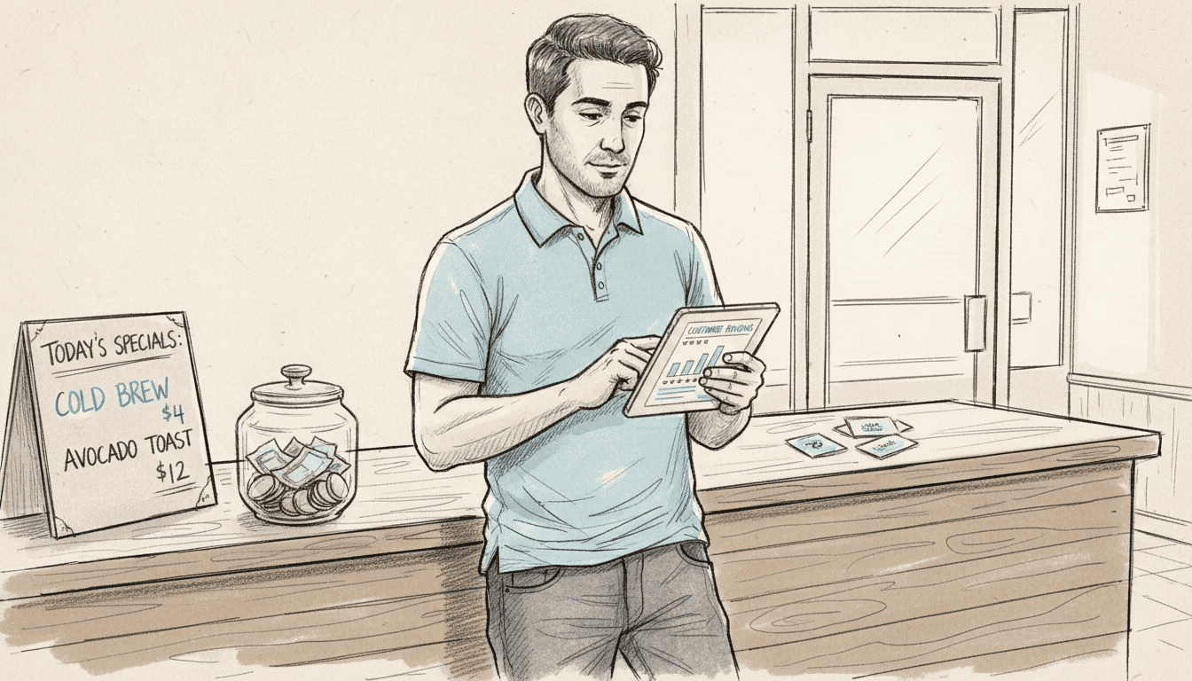 Cafe manager reviewing AI recommendation data