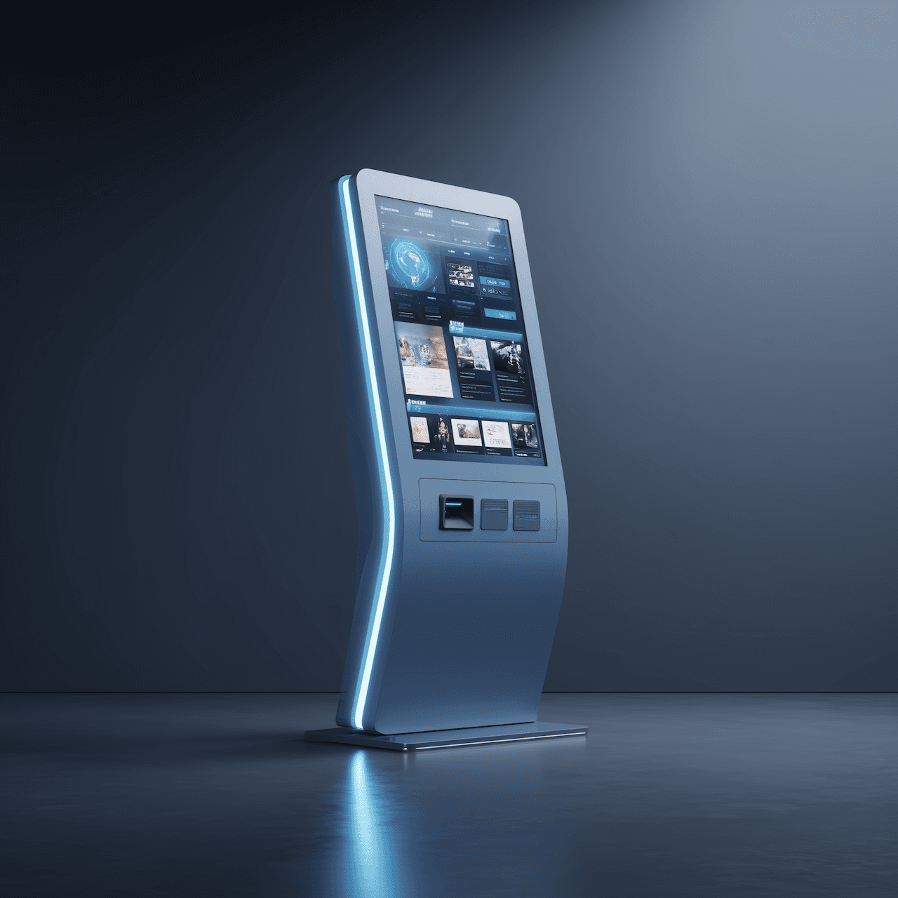 A sleek self-service kiosk with a curved touchscreen interface, designed for public information and transactions.
