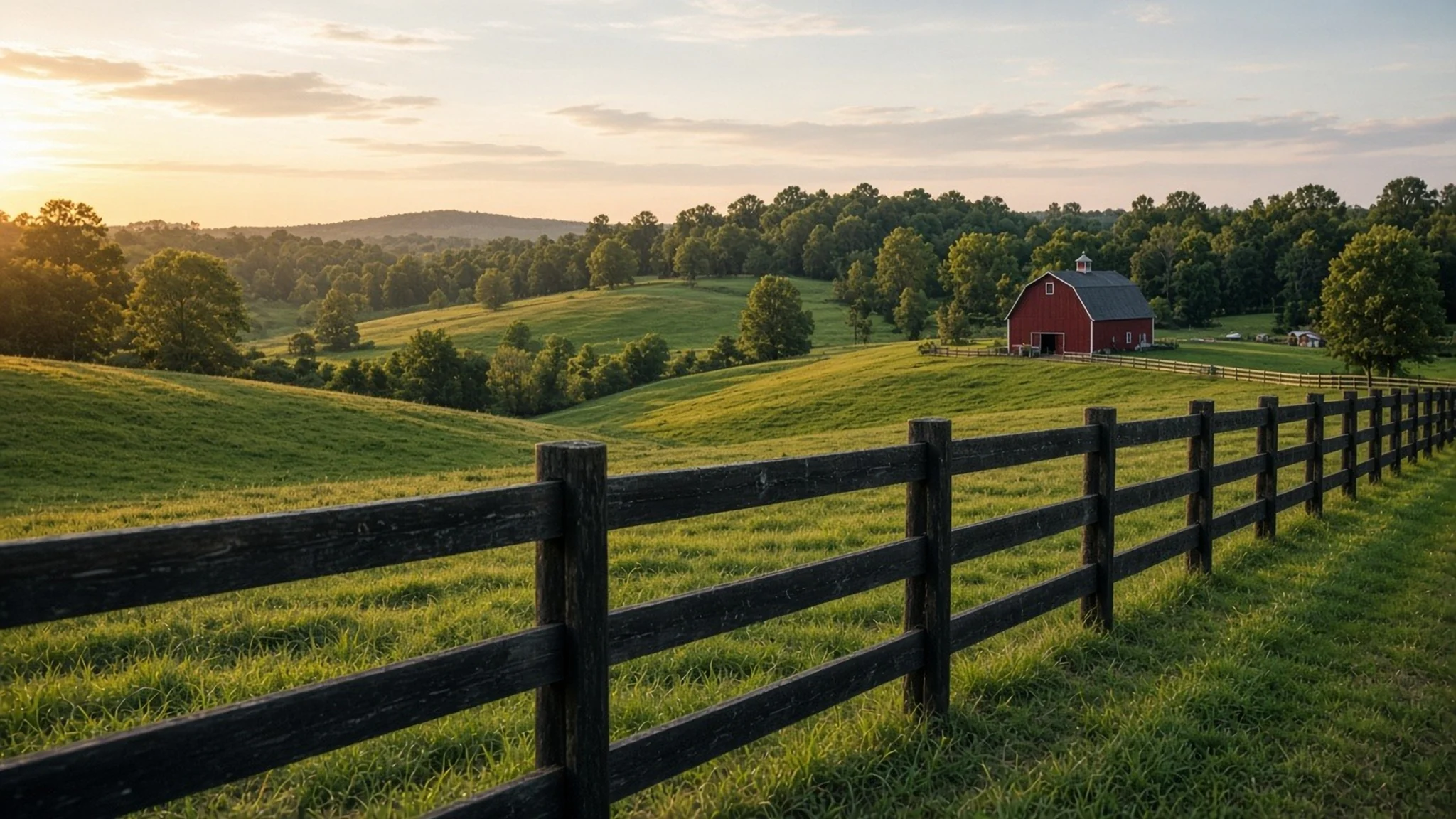 Black ranch rail fence along a property line