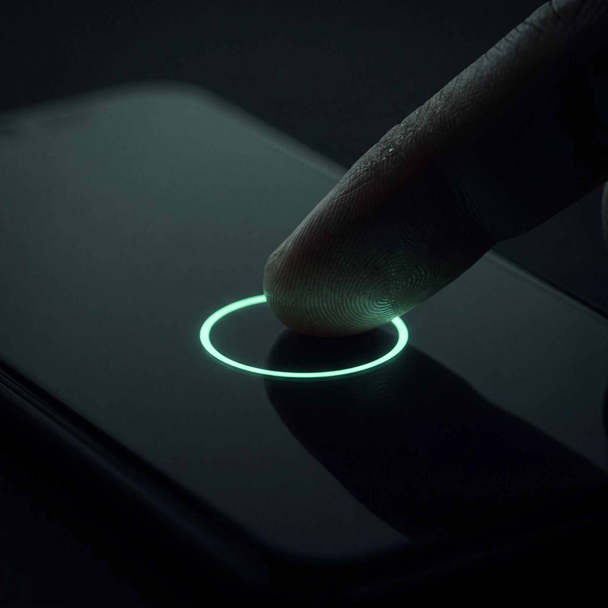 Fingertip touching a phone screen inside a glowing mint ring