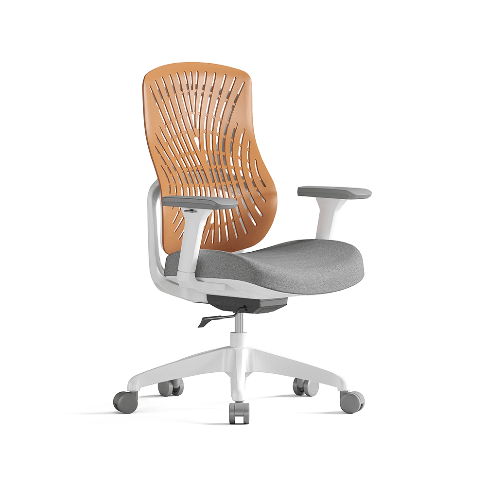 Ergonomic mid-back task chair model 872A by TCHOD featuring a flexible orange TPE elastic backrest with sunburst ventilation, adjustable armrests, and a white 5-star swivel base.