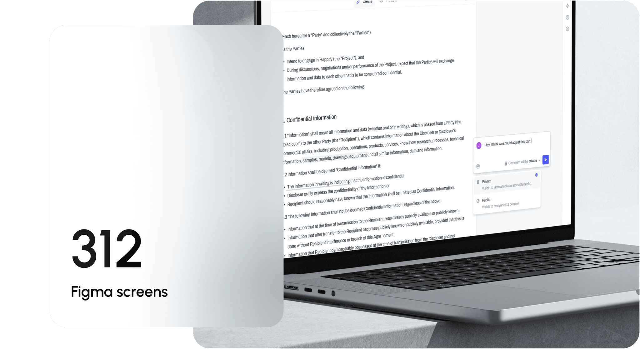 Laptop with contract editing screen and text overlay saying 312 Figma screens.