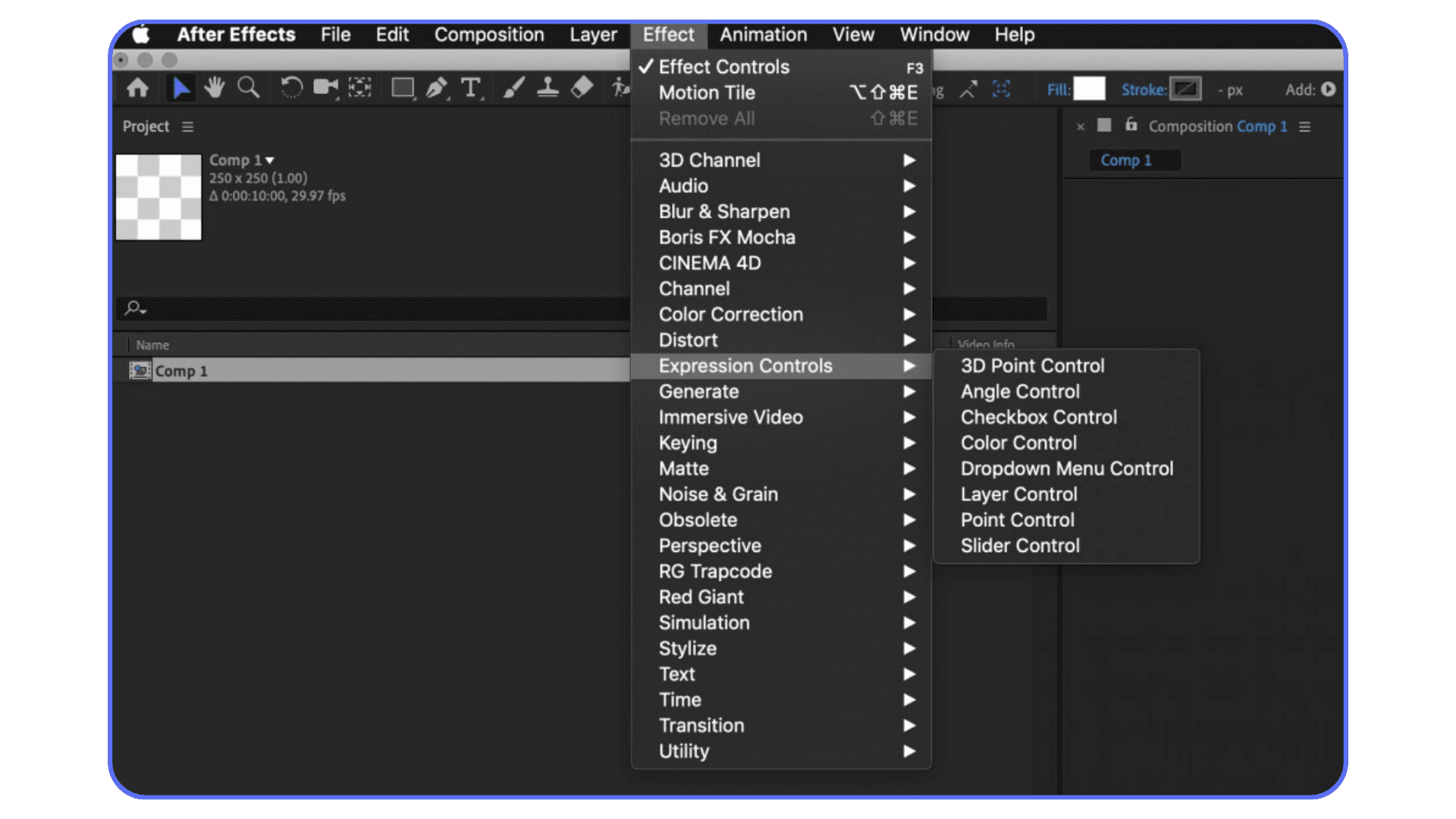 After Effects effect menu open showing expression controls like slider and checkbox controls