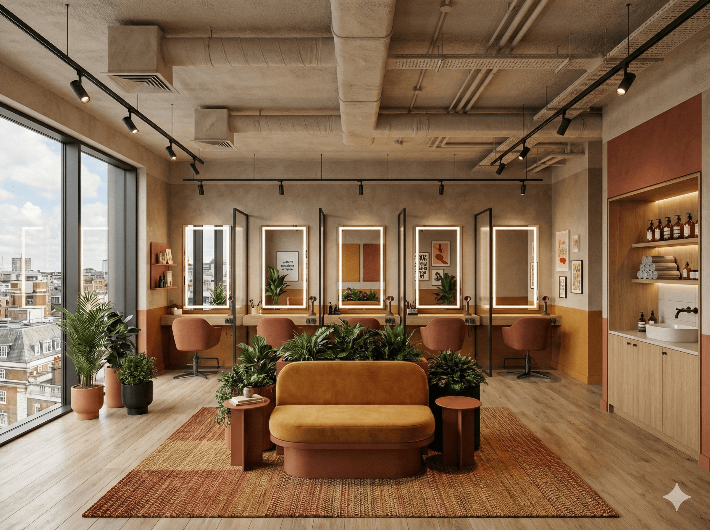a hair salon with chairs and mirrors