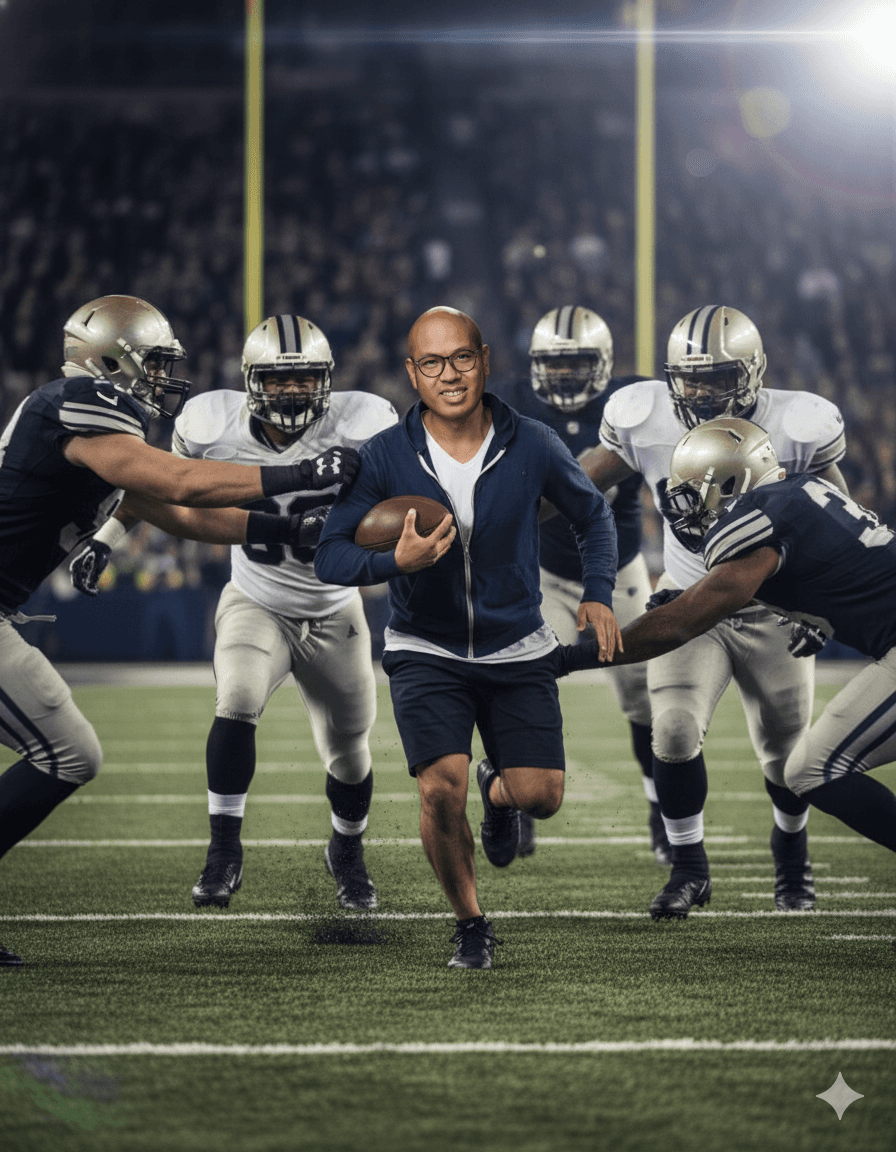 Man running on field with football being chased by players