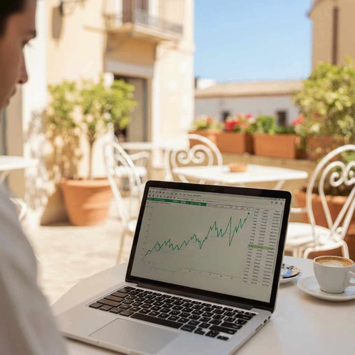 Personne analysant des graphiques financiers sur un ordinateur portable en terrasse, café à proximité.