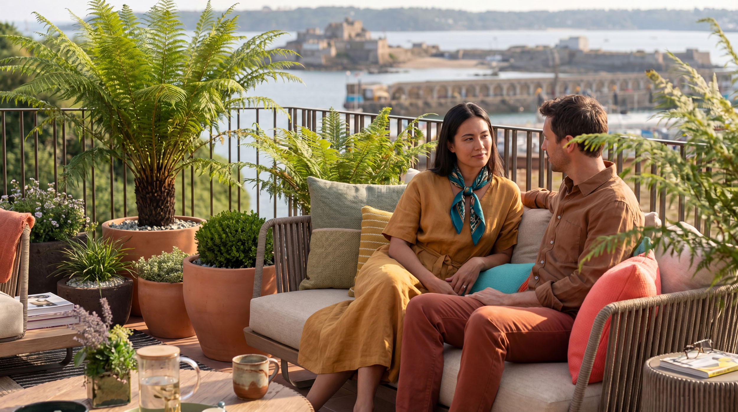 Architectural CGI render with couple on balcony.