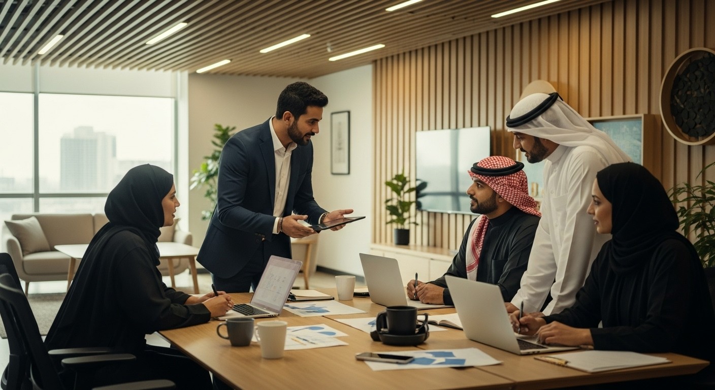 A meeting scene with four individuals, two men in traditional Saudi thobes and two women in hijabs, sitting at a conference table with open laptops. A fifth person, a man in a business suit, is standing and speaking to them. The image is used on a website for a No-Code Agency in Egypt.