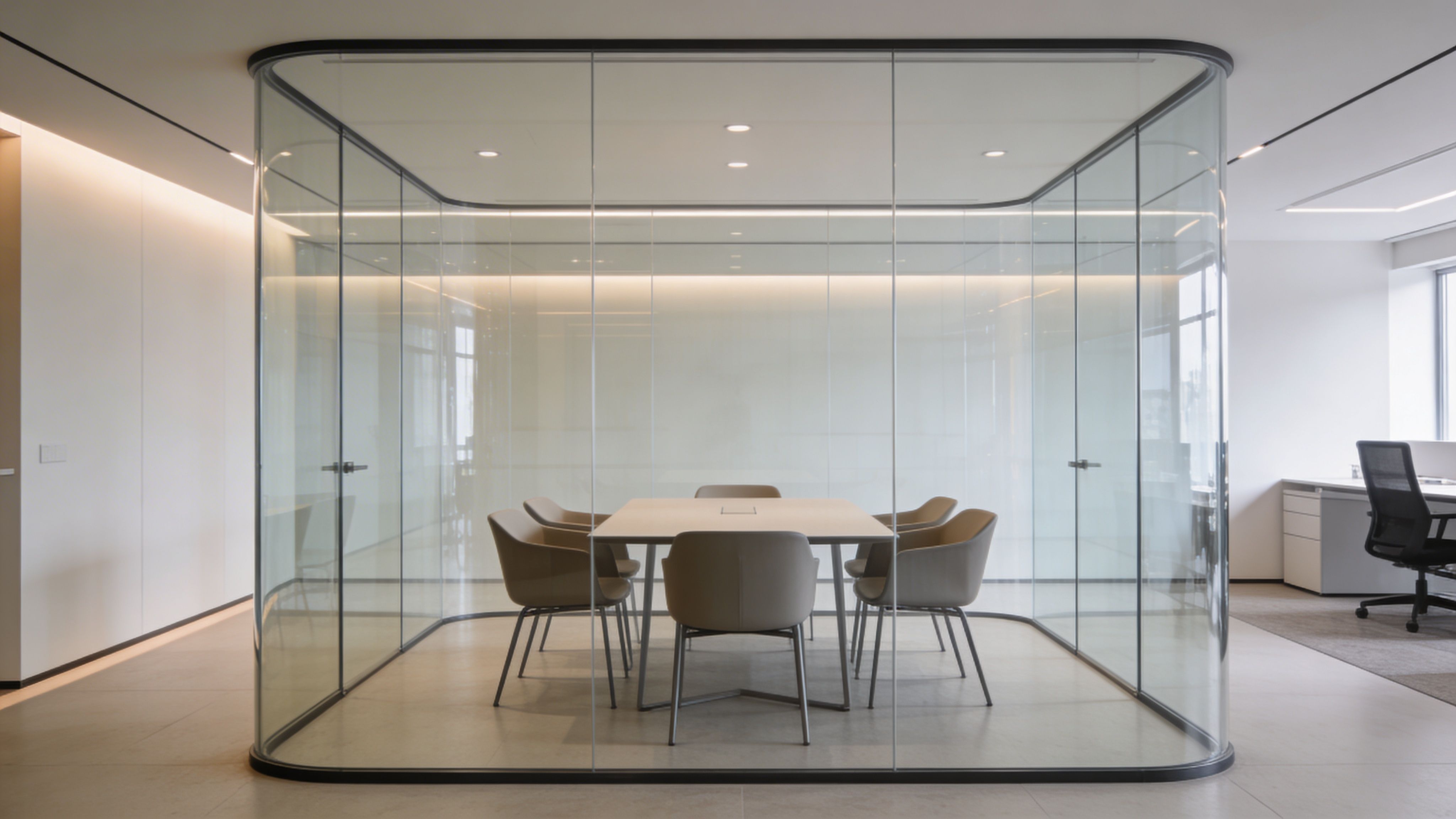 Modern glass-walled meeting room with a central table and minimalist office surroundings