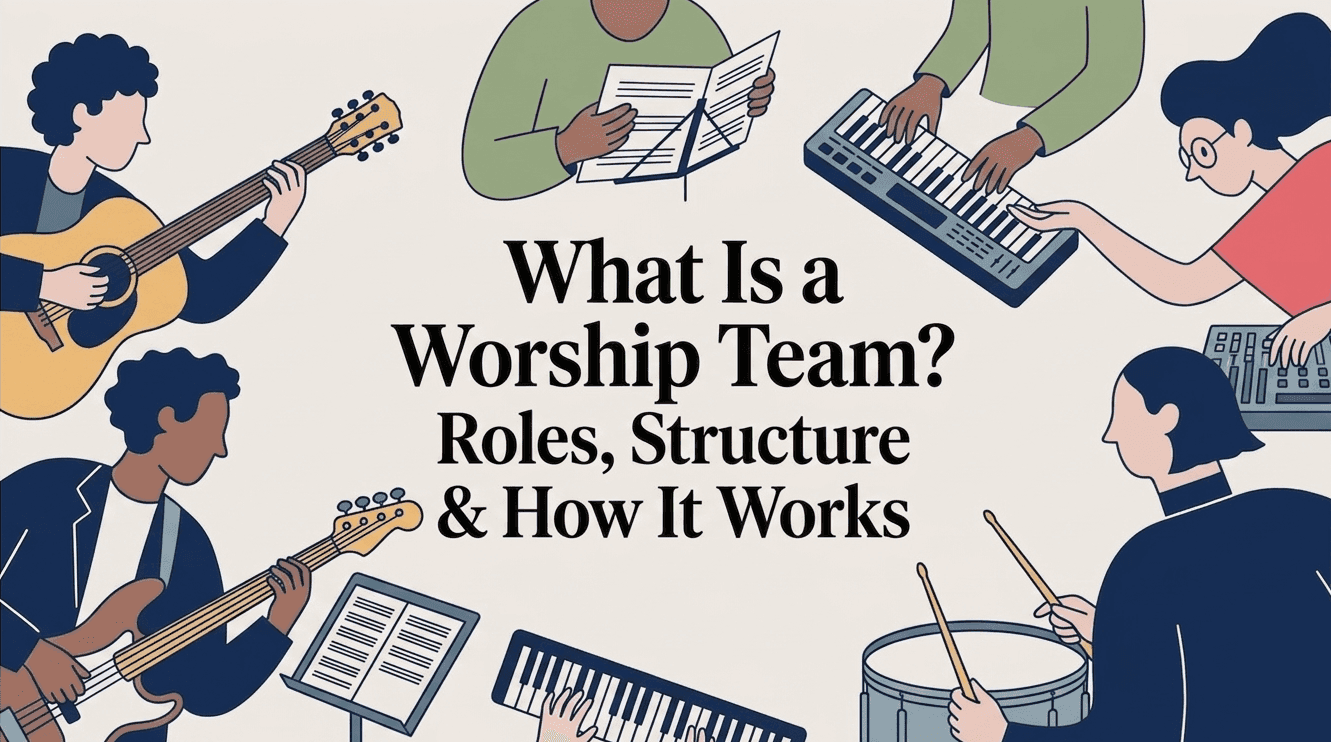 Illustration of a church worship team with musicians, singers, keyboard players, guitarist, bassist, drummer, and sound operator surrounding the title βWhat Is a Worship Team? Roles, Structure & How It Worksβ.
