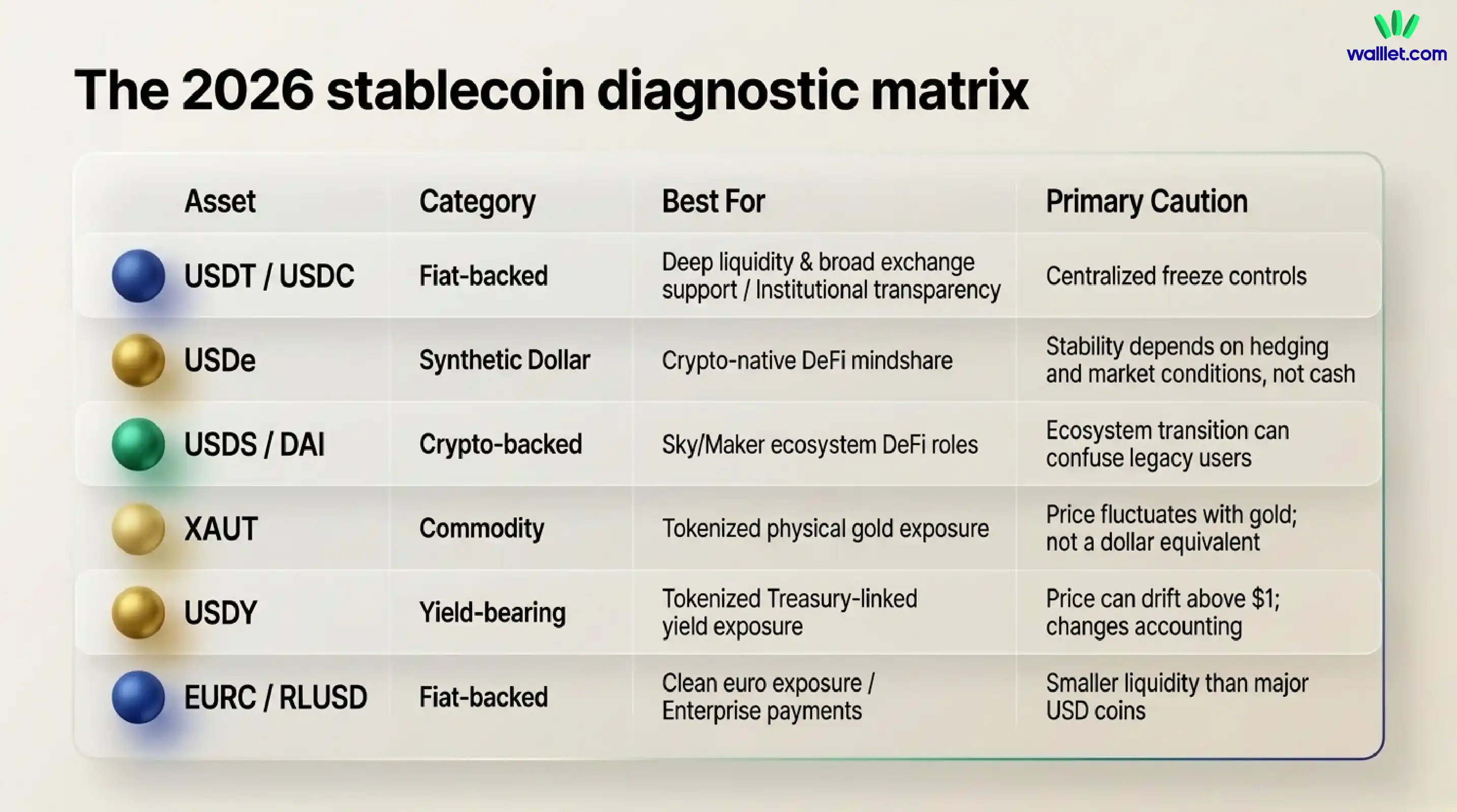 An at-a-glance diagnostic matrix of the major stablecoin types, use cases, and core cautions in 2026.