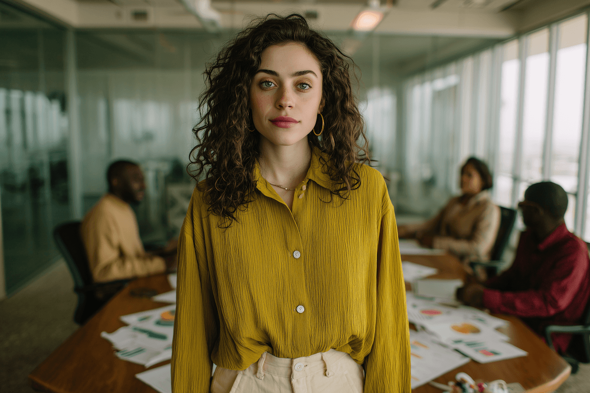Woman with curly hair standing in a busy modern office.
