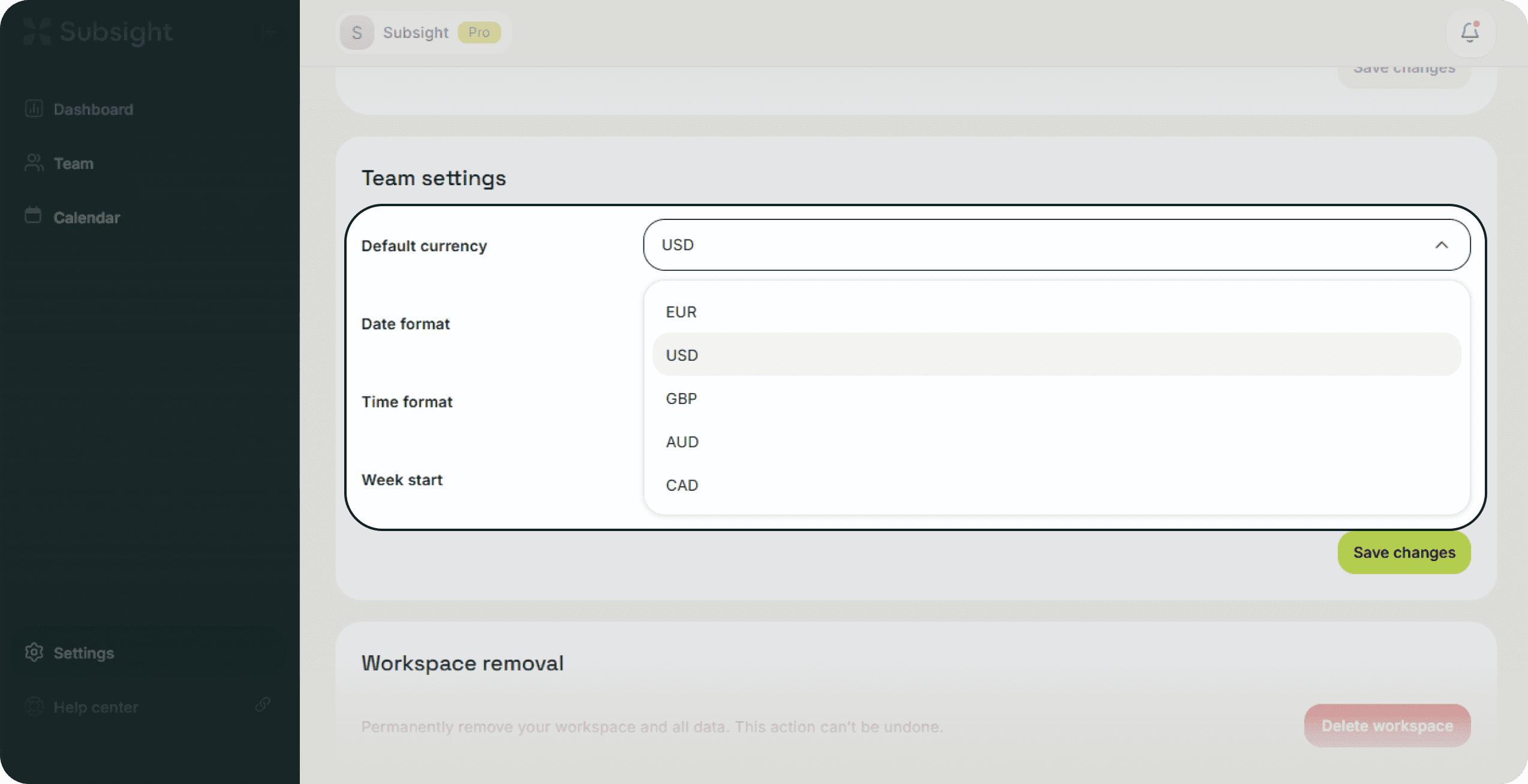 Subsight team settings with default currency dropdown showing multiple currency options.