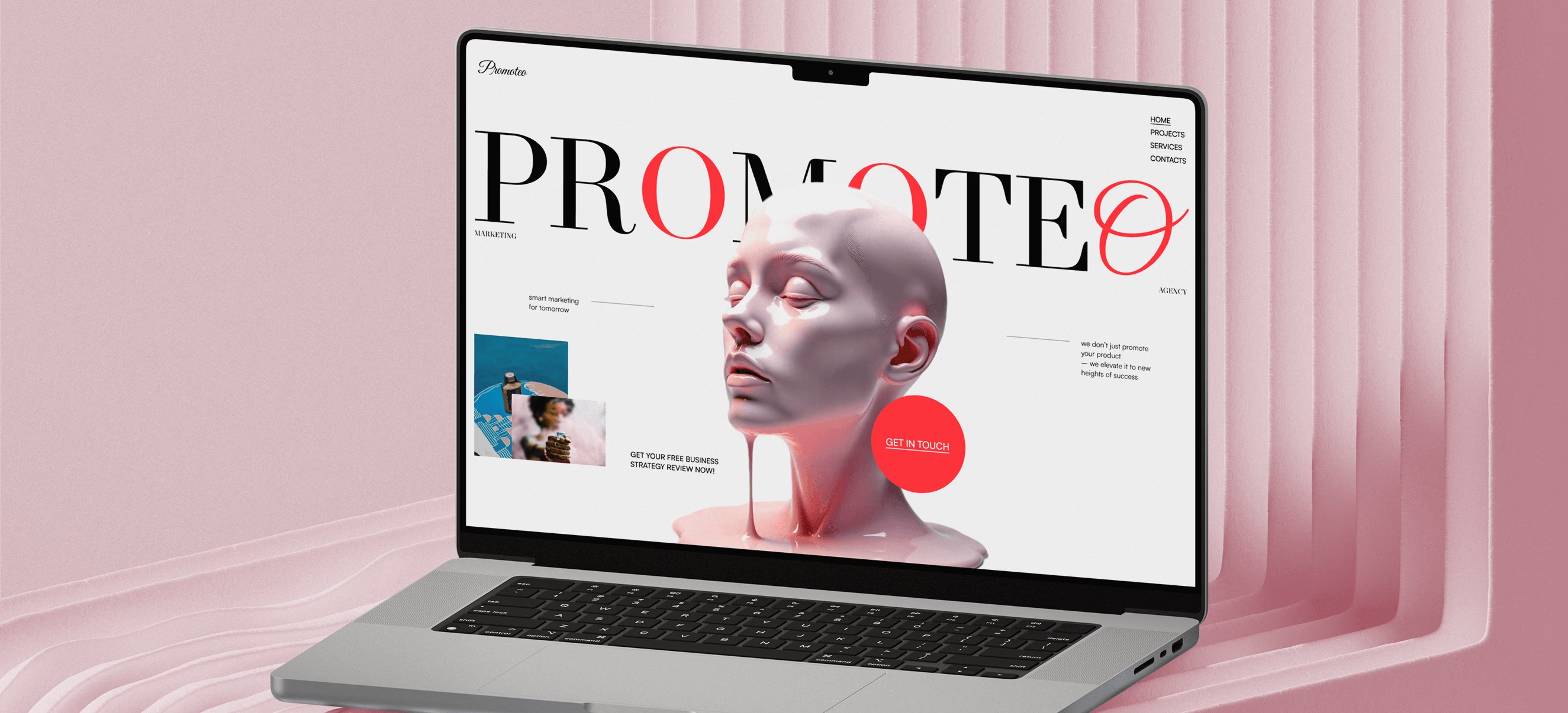 dariapav_design Engaging hero of a marketing agency landing page showcasing a confident professional posed in front of stylized UI elements, with a modern blue-accented design that conveys creativity, trust, and expertise