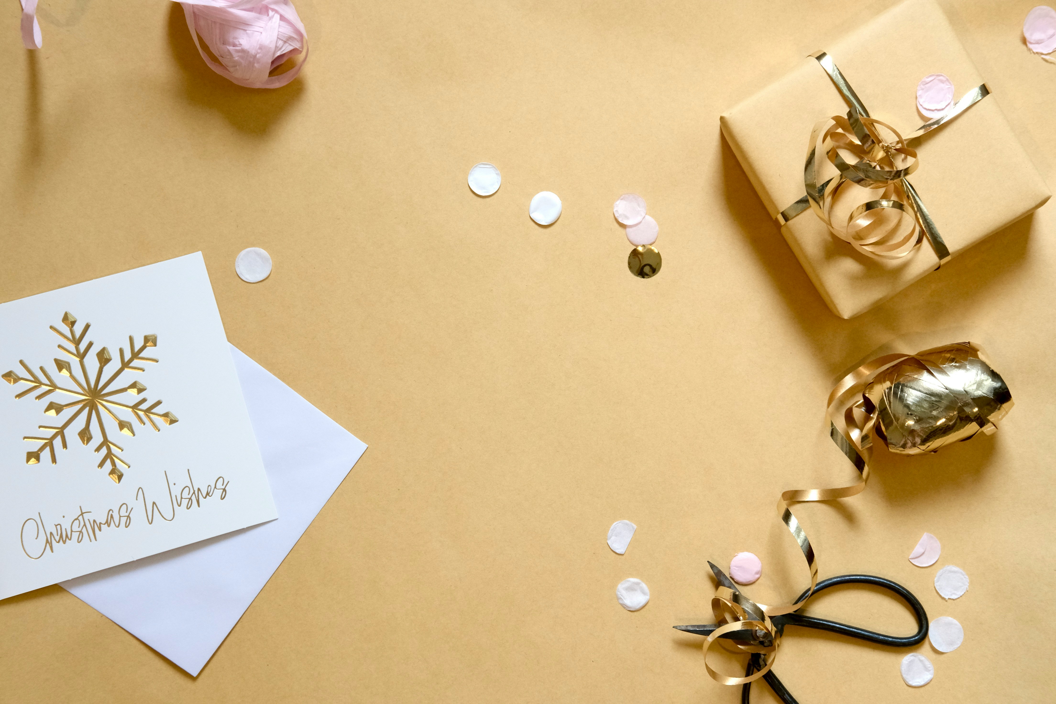 Christmas card and gift with confetti