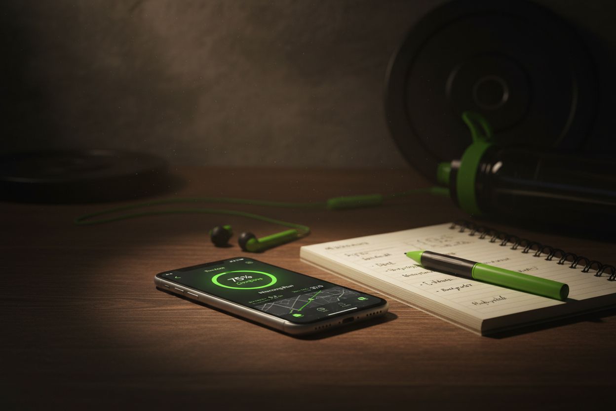 Smartphone workout app and notebook