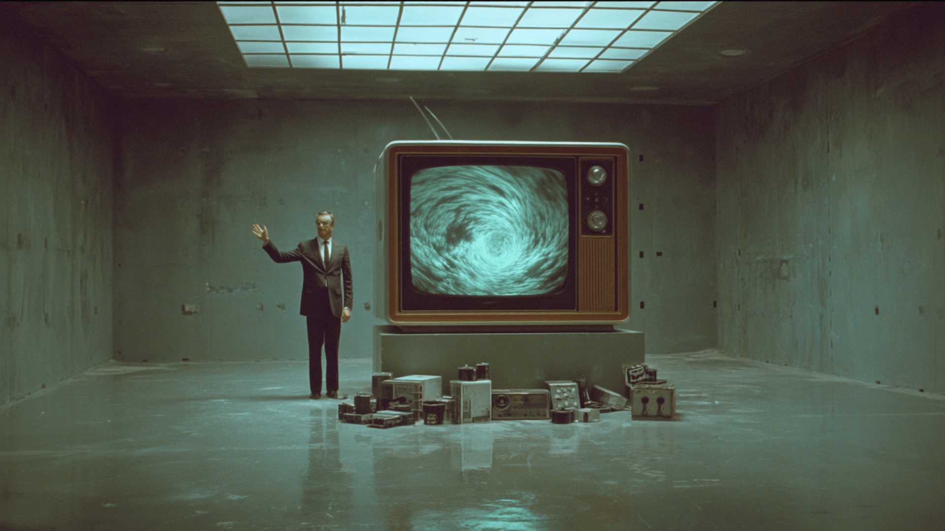 A man in a sharp suit standing next to a vintage TV displaying a smoke vortex, symbolizing the Selling Smoke AI filmmaking process where digital data becomes physical production assets.