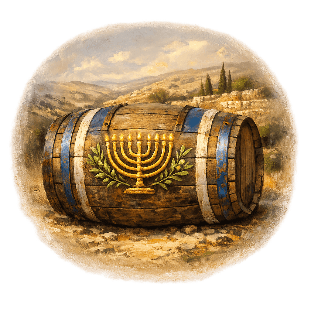 Wine barrel featuring the Israel national emblem for regional wine education.