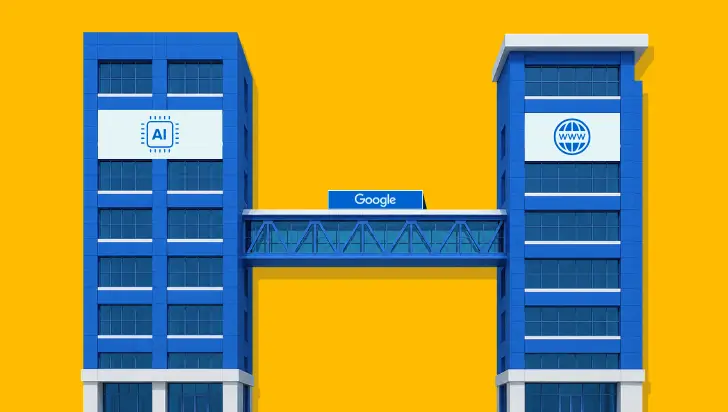 Google bridge connecting AI and WWW buildings for SEO link attribution.