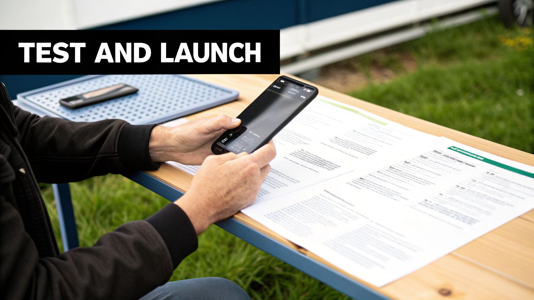 Hands holding a smartphone outdoors, reviewing content next to documents, with 'TEST AND LAUNCH' overlay.