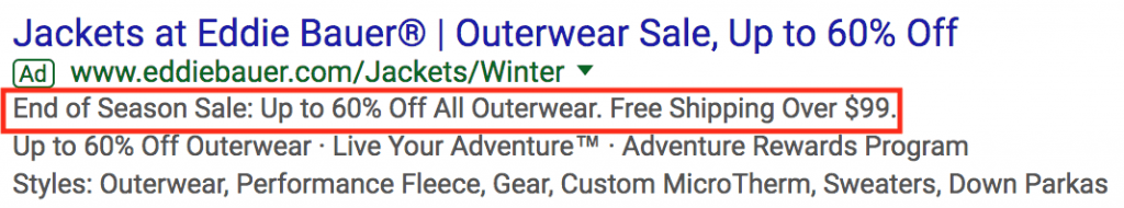 Highlighted Google ad text reads: “End of Season Sale: Up to 60% Off All Outerwear. Free Shipping Over $99.” This line promotes major discounts and shipping incentives at Eddie Bauer.