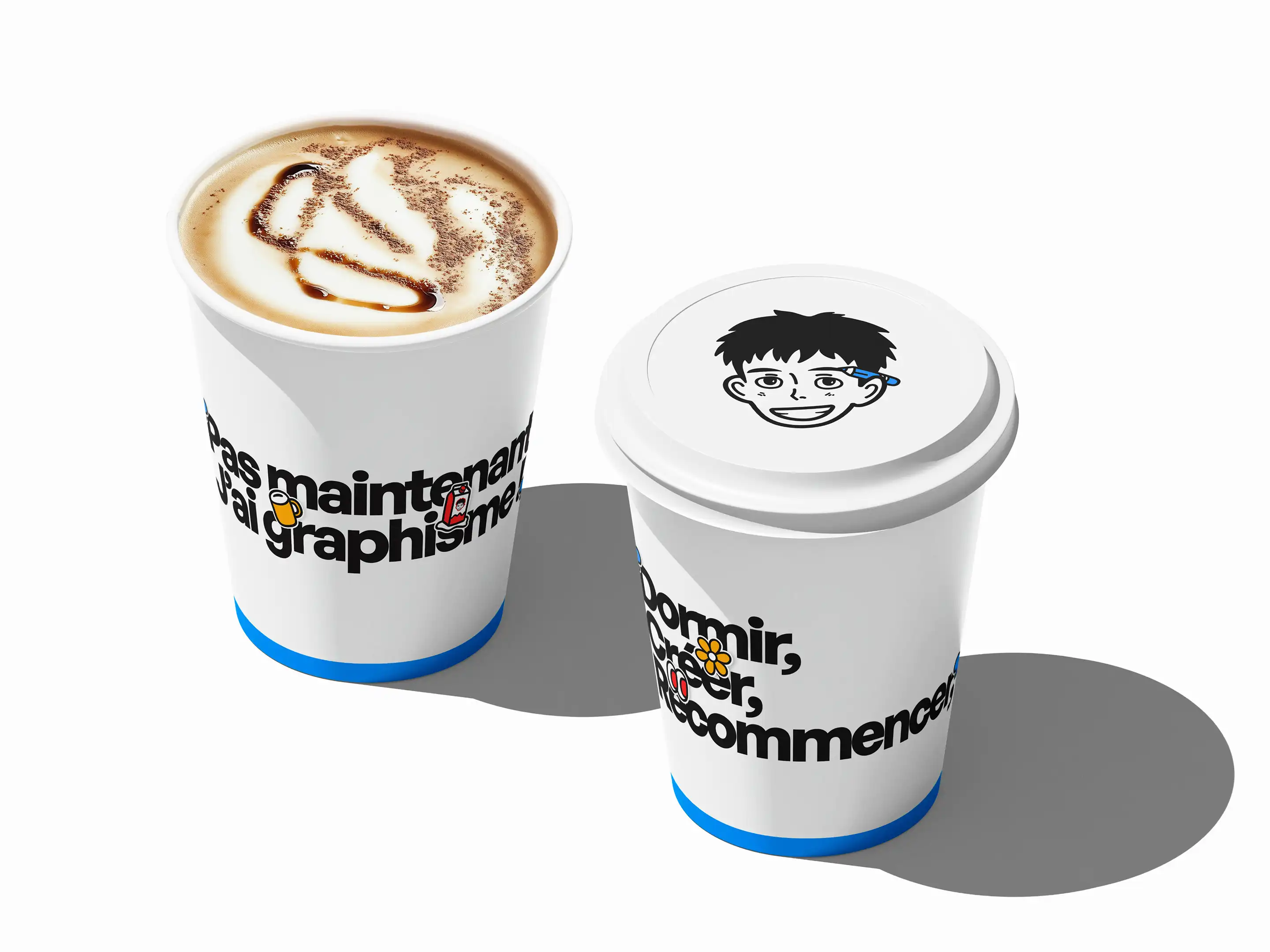 Design packaging café Youyou Studio - gobelets personnalisés avec identité visuelle et slogans créatifs