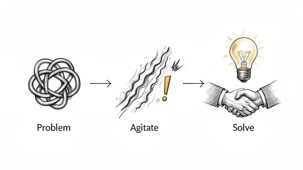 An image illustrating the problem-agitate-solve formula with icons for a knot, wavy agitation lines, and a lightbulb with a handshake.