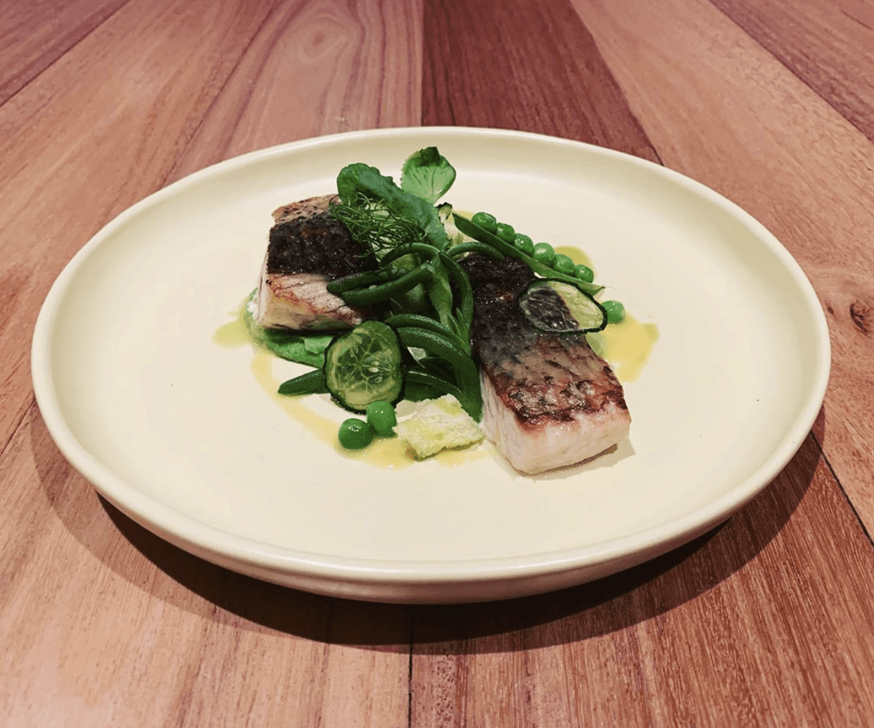 White fish, winter peas, succulents, warm cucumber, bay oil