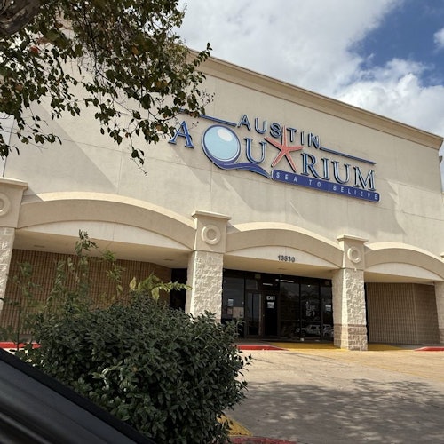 Esterno dell'Acquario di Austin con un ingresso sotto tende ad arco, segnaletica con il motto "Vedere per credere," e alcuni cespugli in primo piano.