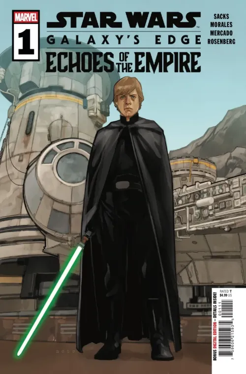 Cover for Star Wars: Galaxy's Edge - Echoes of the Empire #1 featuring Luke Skywalker with his green lightsaber in front of the Millennium Falcon
