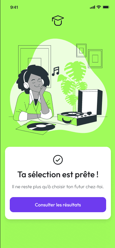 Un écran de fin de parcours utilisateur au sein de l'application mobile Studyhome.