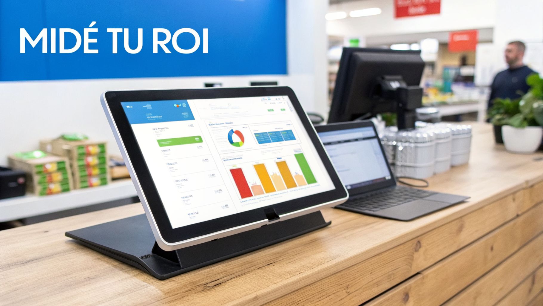 Un sistema de punto de venta moderno en una tienda, mostrando gráficos y análisis de datos de negocio.