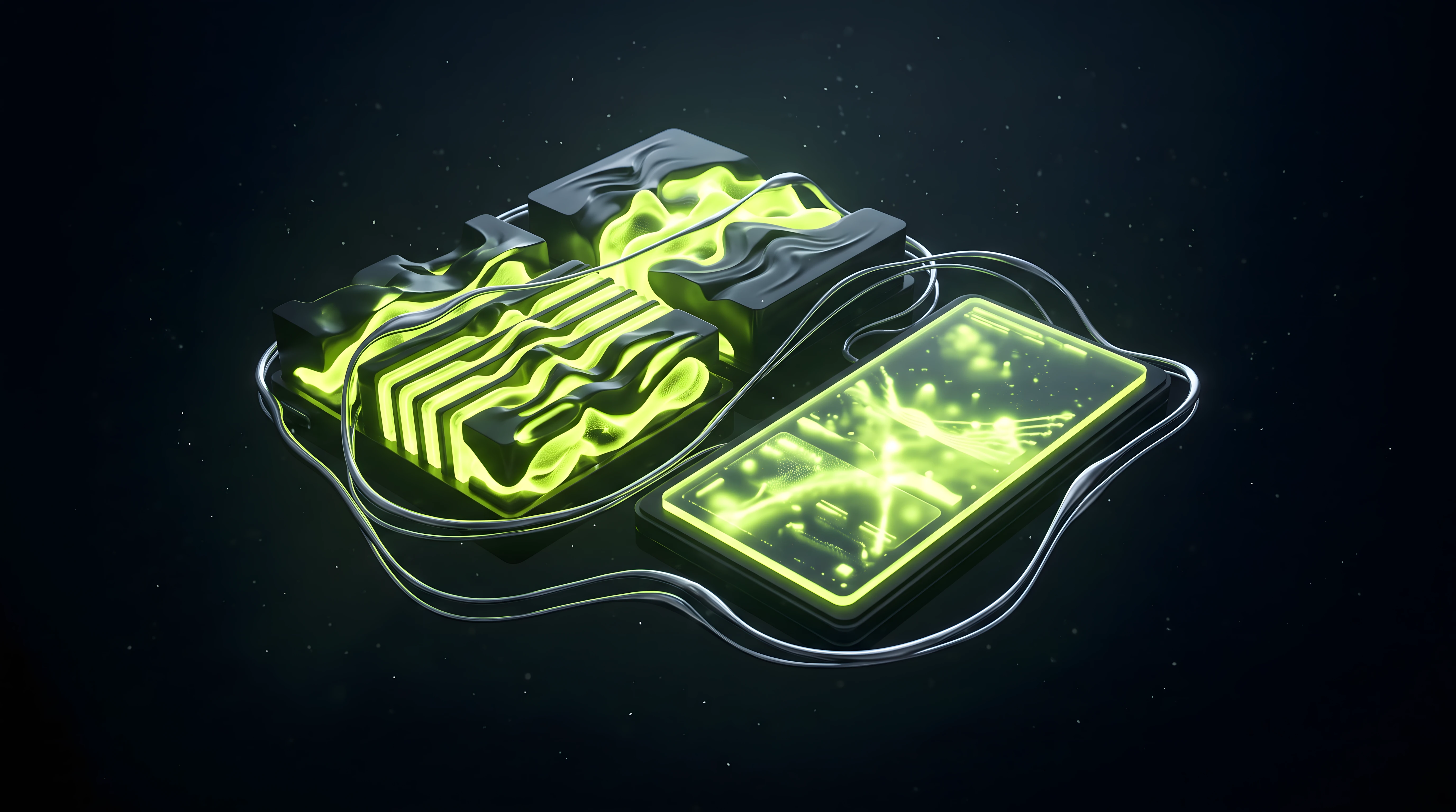Three glowing toxic lime modules connected by chrome threads on deep void black, representing a sound logo, its variants, and a rationale sheet bundled as a starter kit.