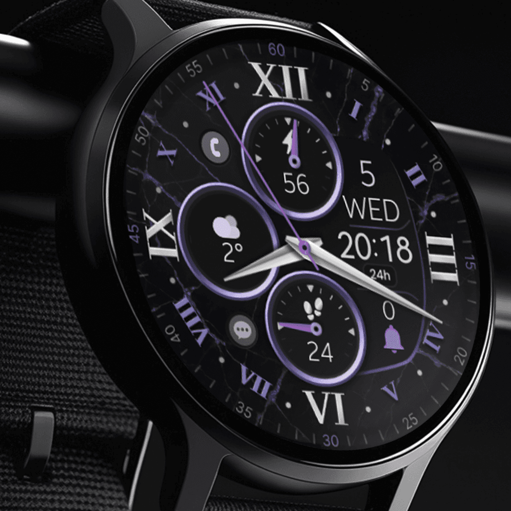 Modern Wear OS smartwatch displaying a classic watch face