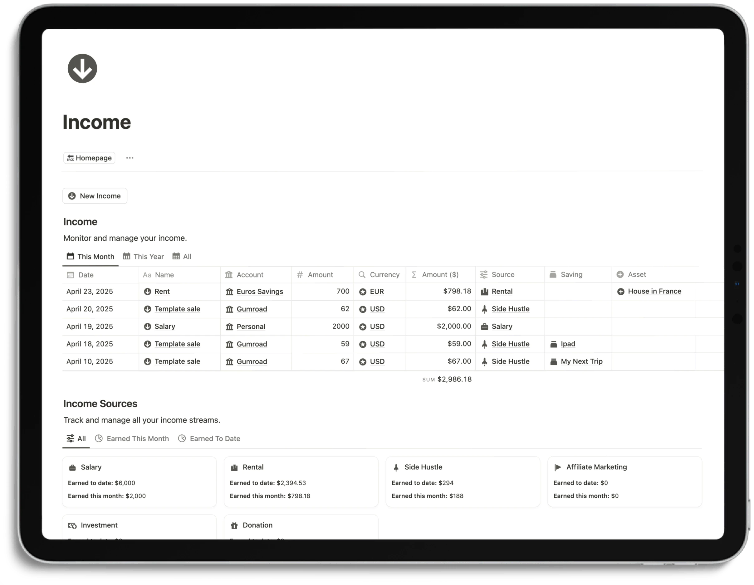Notion Finance Tracker - Income