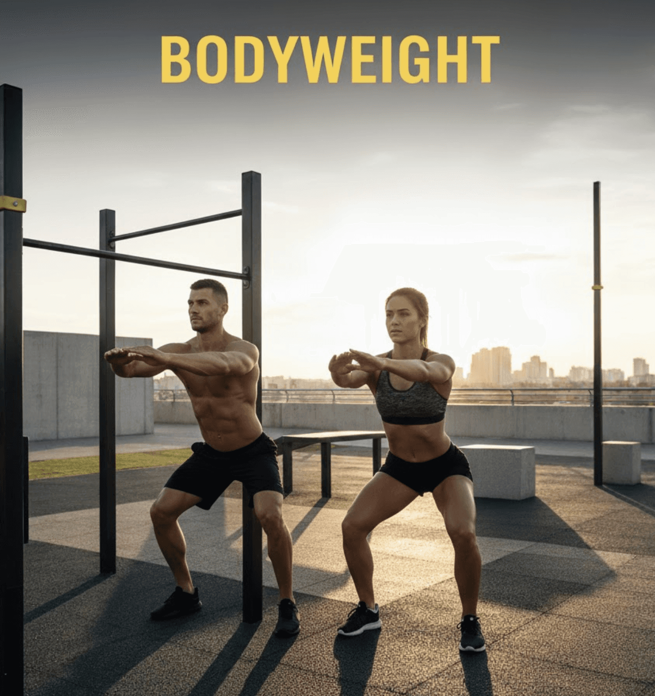 Man and woman at outside gym doing a bodywieght squat 