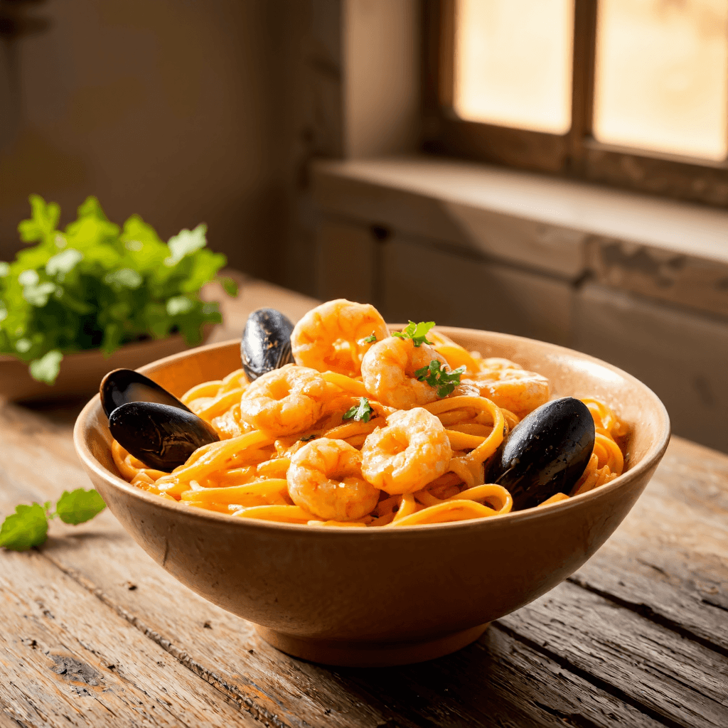 product photography of a bowl of seafood pasta in a creamy sauce