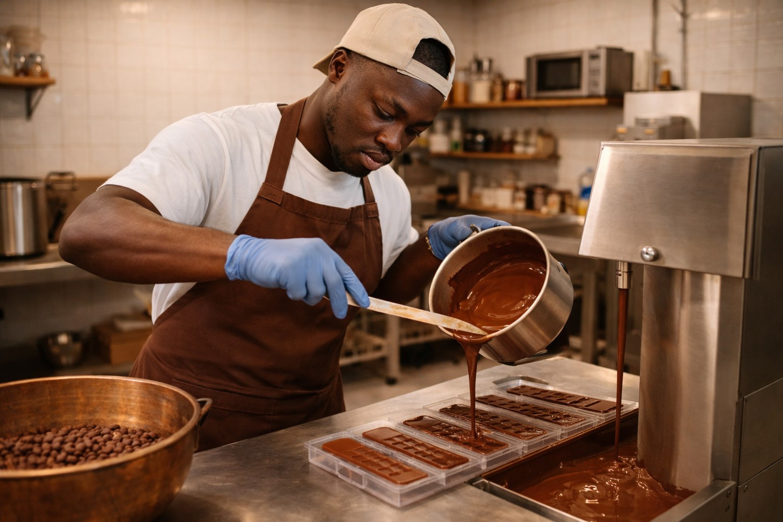 Un artisan chocolatier en plein travail dans son laboratoire