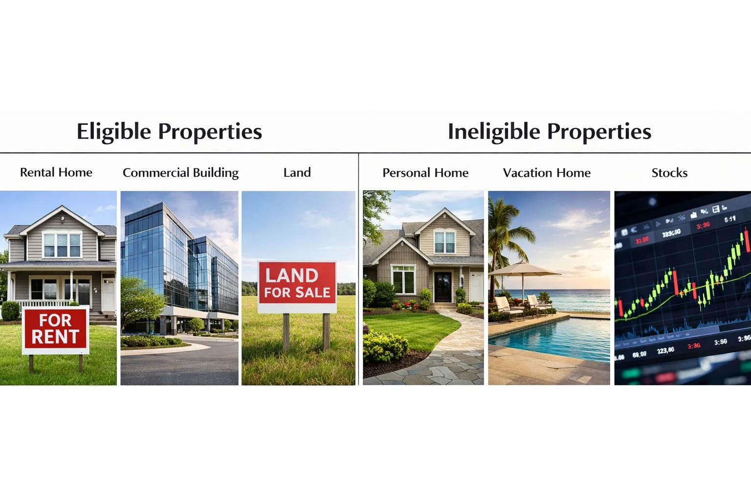 Side-by-side comparison of eligible properties—rental homes, commercial buildings, land—versus ineligible properties—personal homes, vacation homes, and stocks.