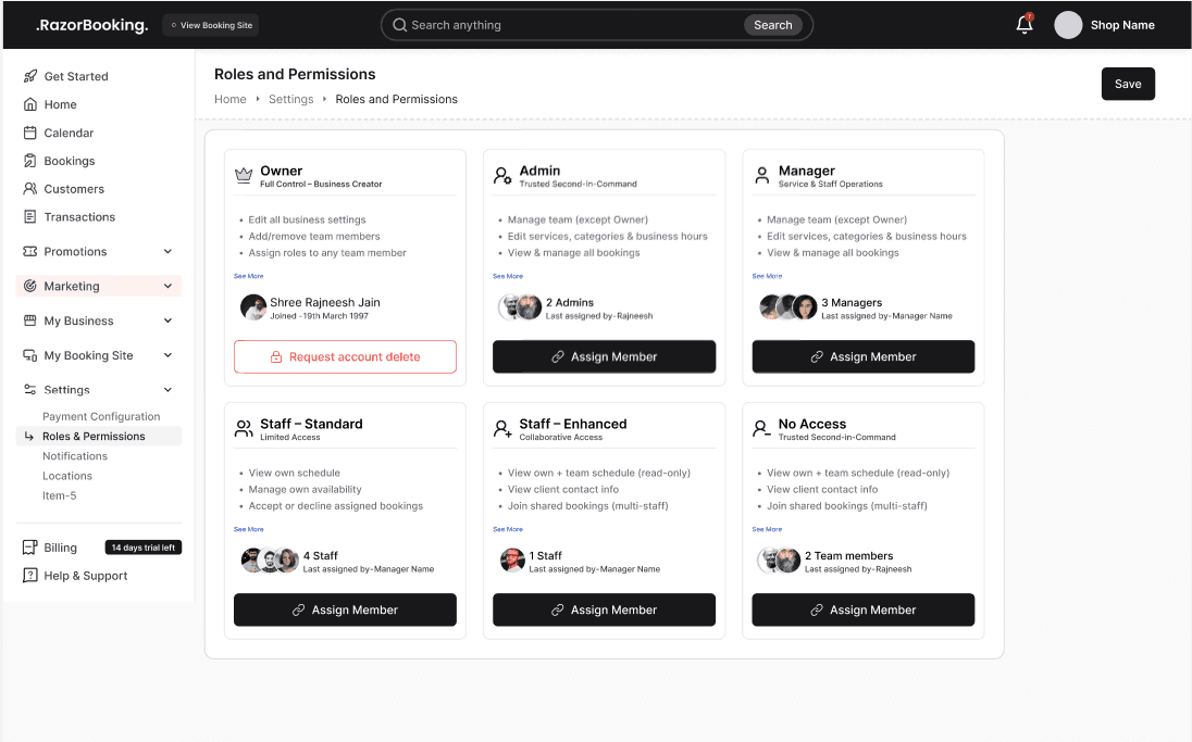 Roles and Permissions page with a card for each role and an Assign Member button