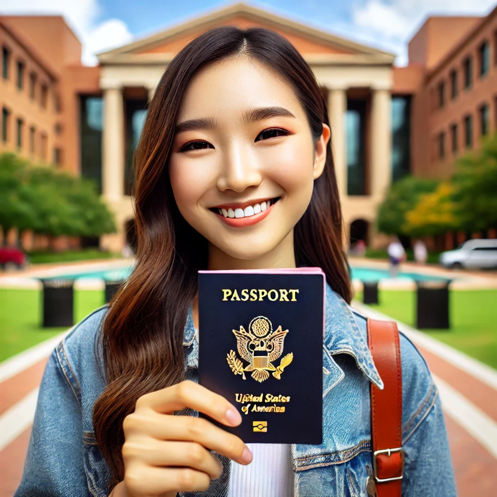 An international student holding their passport open to the U.S. F1 Student Visa page, standing in front of a university campus. This image represents the successful acquisition of an F1 Visa for academic studies in the United States.