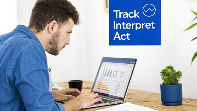 A man intensely analyzes data charts and graphs on a laptop screen at a desk.
