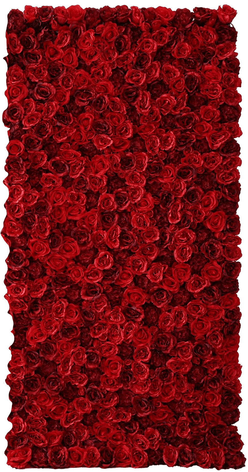 A flower wall positioned upright made of red roses with varying shades of red.