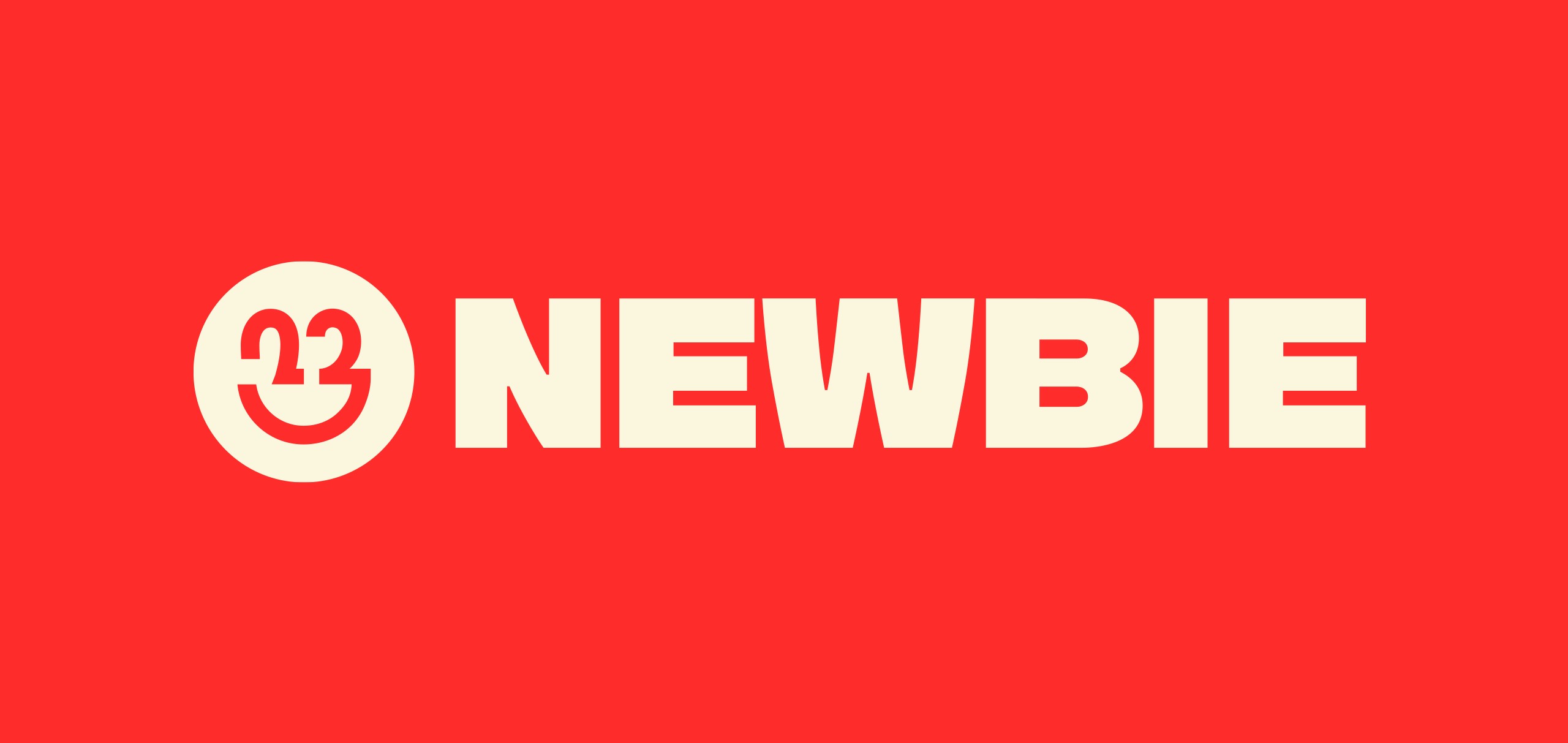 The image displays the text "NEWBIE" in large, white, sans-serif font against a solid red background. To the left of the text is a white circle containing a red smiley face with the number "22" inside.