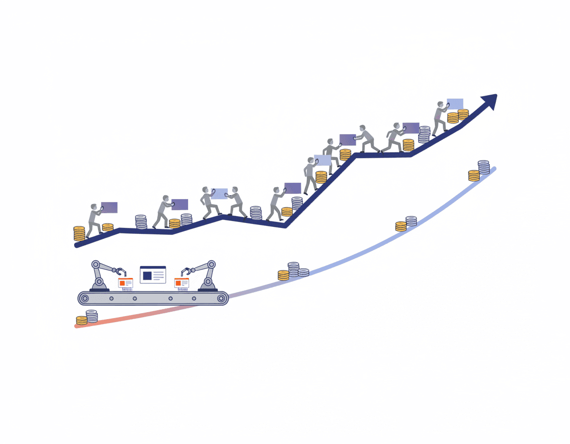 Conceptual graph showing steep rising manual CMS costs versus a flat automated cost line over time.