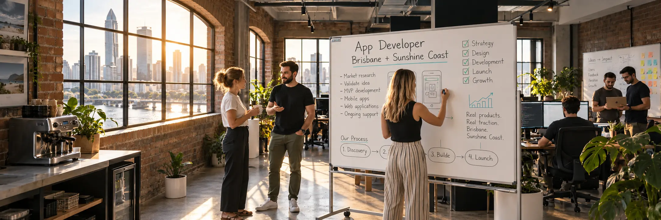 A professional app developer working on a mobile app development idea on a whiteboard on the Sunshine Coast